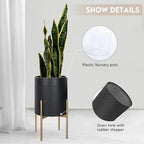 Oakrain Planters for Indoor Plants, Set of 2 Mid Century Modern Planter with Stand, Decorative Metal Planter Pots for Living Room, Office, Garden or Balcony, Matte Black, 10"&12"