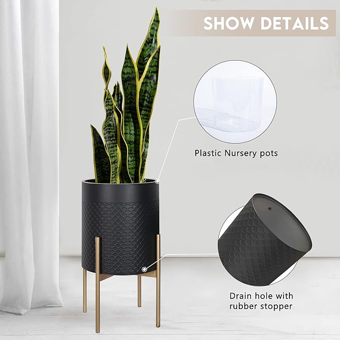Oakrain Planters for Indoor Plants, Set of 2 Mid Century Modern Planter with Stand, Decorative Metal Planter Pots for Living Room, Office, Garden or Balcony, Matte Black, 10"&12"