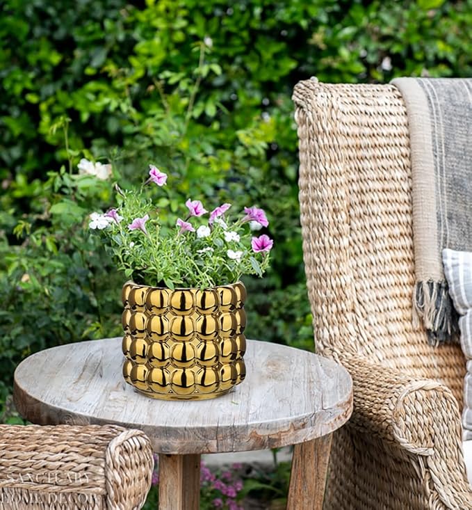 5 Inch Ceramic Planter Pot for Indoor Plants with Drainage Hole Bubble Flower Planter Hobnail Plant Pot Garden Planter Gold Succulent Plant Pot Utensil Holder