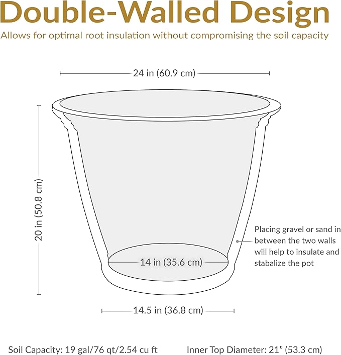 Sunnydaze 24-Inch Anjelica Large Plastic Pot for Plants - Outdoor Double-Walled Large Plastic Planter with Drillable Drainage Holes - Beige