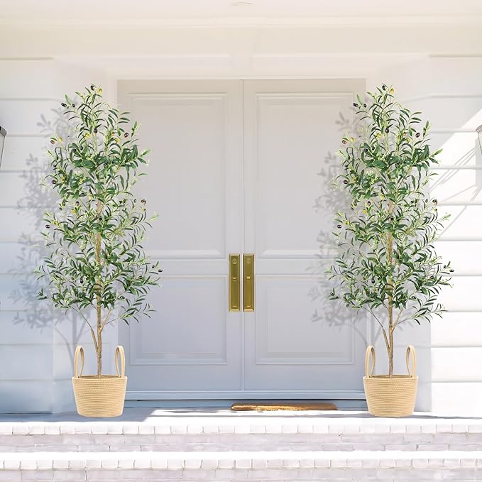 Caxchiling Faux Olive Tree 6FT, Artificial Potted Tree with Planter, Silk Plants Indoor Outdoor, Lifelike Olive Plants with Natural Wood Trunk, Fruits and Buds, Home Office Decor, 2 Pack