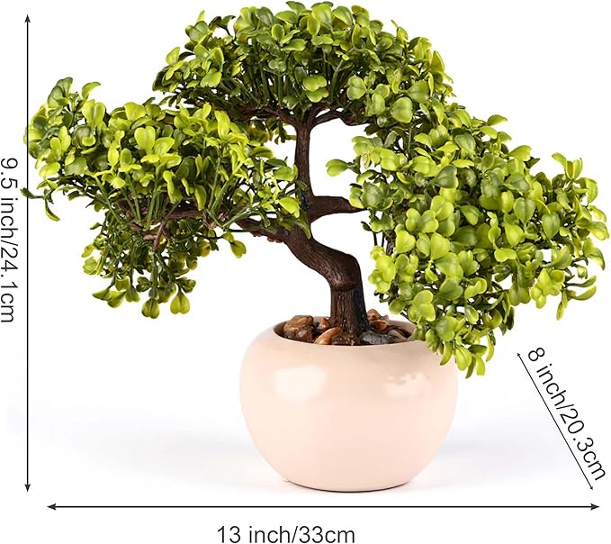 9.5 Inch Artificial Bonsai Tree with Ceramic Pot - Decorative Fake Plant for Home Office Living Room Window Sill, Fake Plants for Year-Round Decoration（White）