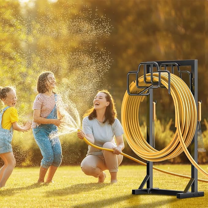 Skycarper Garden Hose Reel Holder Detachable Metal Water Hose Hanger Organizer Heavy Duty Free Standing Hose Stand (Deep Black)