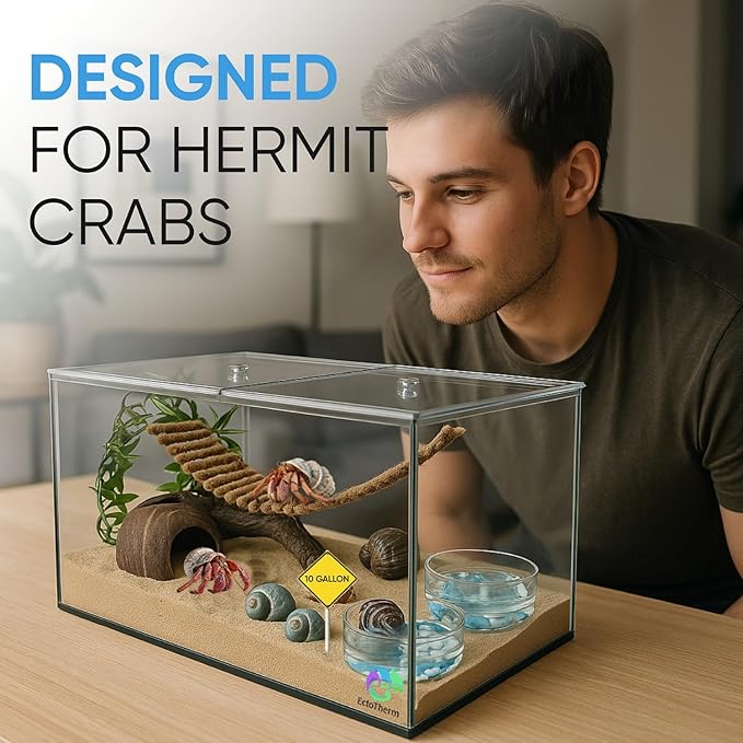 EctoTherm Hermit Crab Tank - 10 Gallon Tank with Lid - Complete Hermit Crab Cage for Large & Small Crabs - Glass Tank
