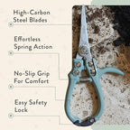 Modern Sprout Pruning Shears, Herb Snipping Scissors, Lightweight Gardening Tools W/Easy Lock, Flower Cutter Garden Shears, Carbon Steel Blade + Reusable Holster (Green, 1-Pack)