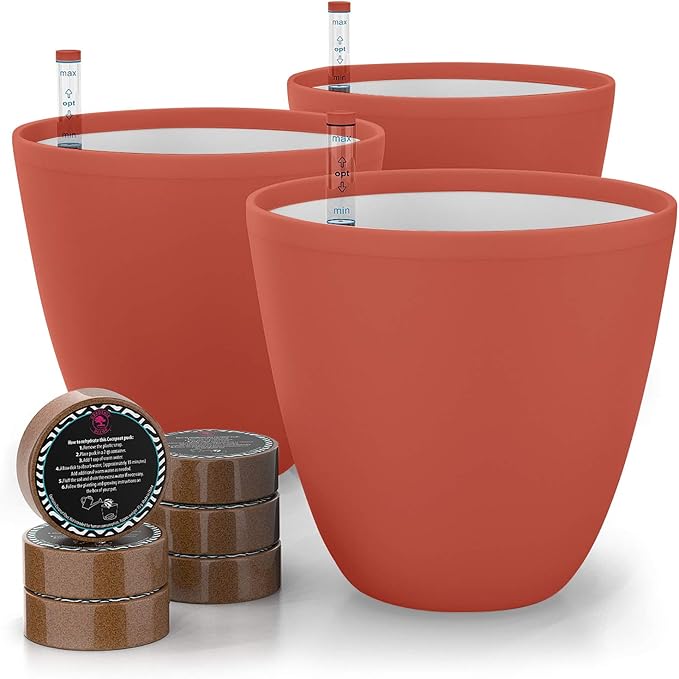 GARDENIX DECOR Self Watering Pots for Indoor Plants 3 Pack - Flower Pot with Water Level Indicator for Plants, Grow Tracking Tool - Self Watering Planter Plant Pot - Coco Coir - Terracota