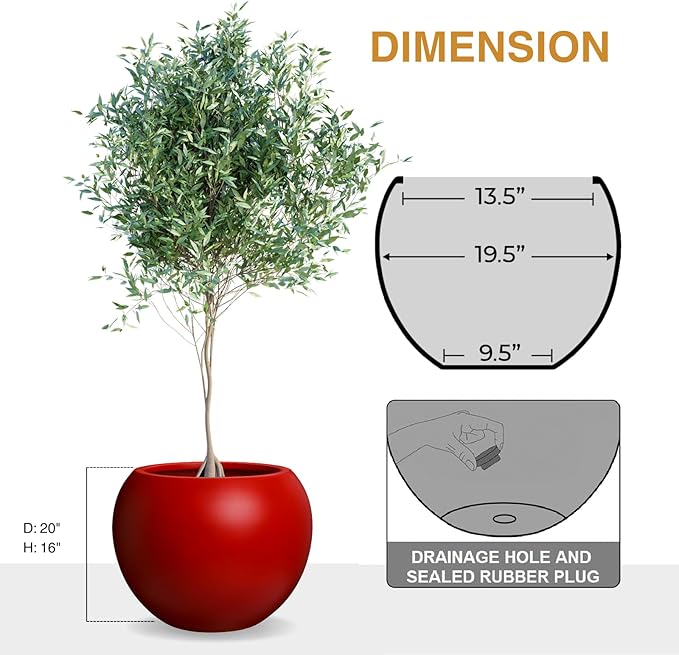 16" H x 20" D Premium Globo Fiberstone Round Planter with Drainage Hole, Smooth Finishes, Weather Resistant for Indoor and Outdoor Use, Included 2 Extra Coco Mats (Red, 13.5" Pot Opening)