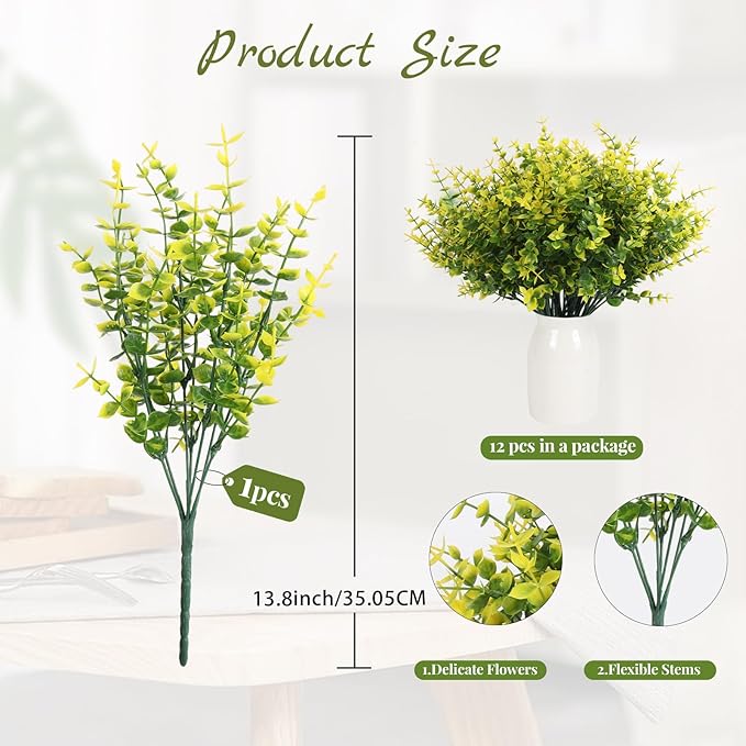 RECUTMS 12 Bundles Spring Greenery UV Resistant Artificial Outdoor Flowers Fake Plastic Plants Outdoor Fake Flowers Boxwood Stems for Kitchen,Home,Garden,Patio,Wedding Yard Window Box(Yellow)