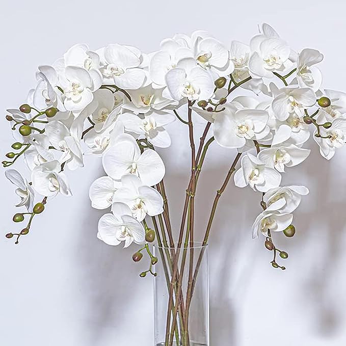 DUYONE 35 Inch Artificial Butterfly Orchid Flowers 4 Pcs Soft Touch Orchid Fake Phalaenopsis Flowers Stem Plants for Wedding Home Decoration (White Flowers 4pcs)
