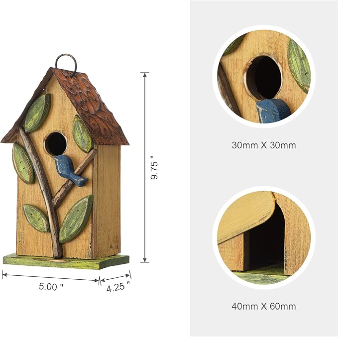 Glitzhome Birdhouse for Outdoor Hanging, 9.7" H Patio Garden Pet Cottage Distressed Decorative Birdhouse Wooden Bird House for Bluebird Wren Sparrow Finch Cardinal, Leaves Rustic Yellow