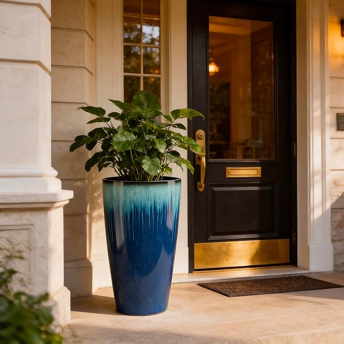 21 inch Tall Planter, Set of 2 Tall Planters for Outdoor & Indoor Plants, Large Outdoor Planters for Front Porch, Patio, Garden (Blue Flowing Glaze)