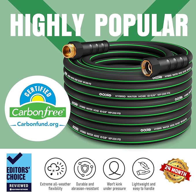 Heavy Duty Garden Hose 75 ft, NON-EXPANDABLE Water Hose with 10 Function Spray Nozzle, Lightweight Kink-less Hybrid Hose with Swivel Handle, Male to Female Fittings