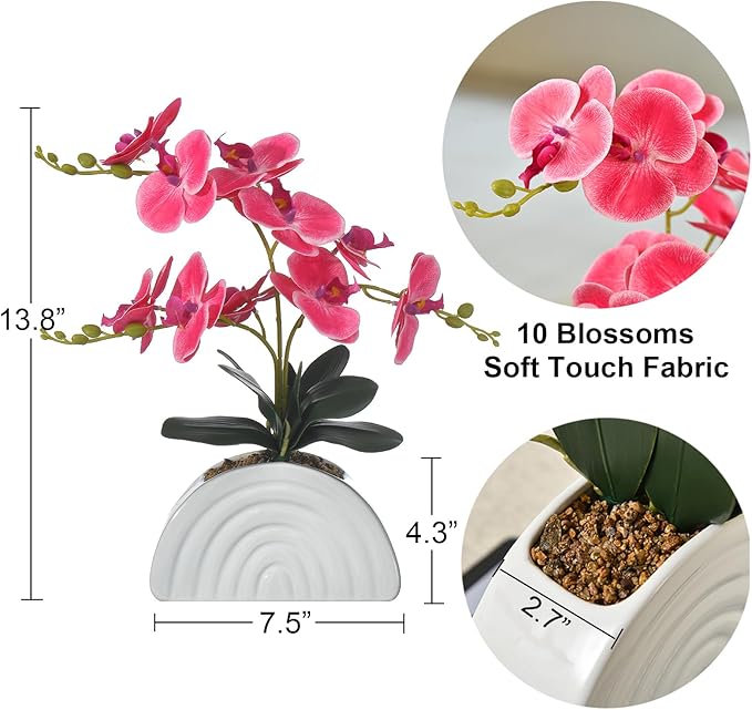 Fake Orchid Plant in White Rainbow Pot, Artificial Silk Phalaenopsis Orchid Flowers for Home Décor, Table Centerpiece, Office Desk (Rose Red)