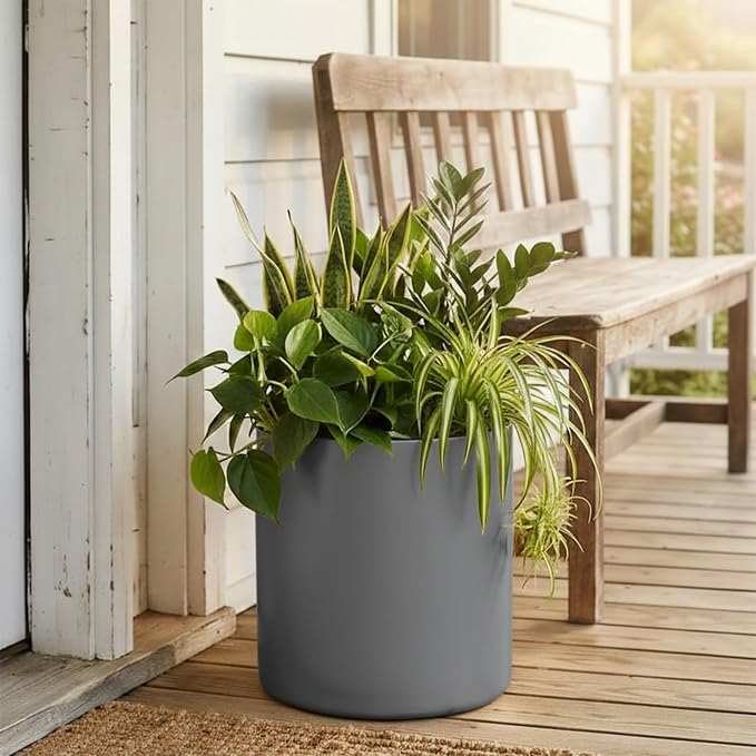 Metal Plant Pot with Drainage Hole,Mid Century Modern 7 inch Round Pot Indoor Outdoor Planters Gift for Decorative Pots of Tabletop Living Room Bedroom Grey