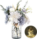 Fake Flowers with Vase, Silk Dusty Blue Rose Hydrangea Artificial Flowers in Vase Faux Dahlia Flowers Arrangement for Home Kitchen Living Room Summer Spring Decor Office Centerpiece Table Decorations