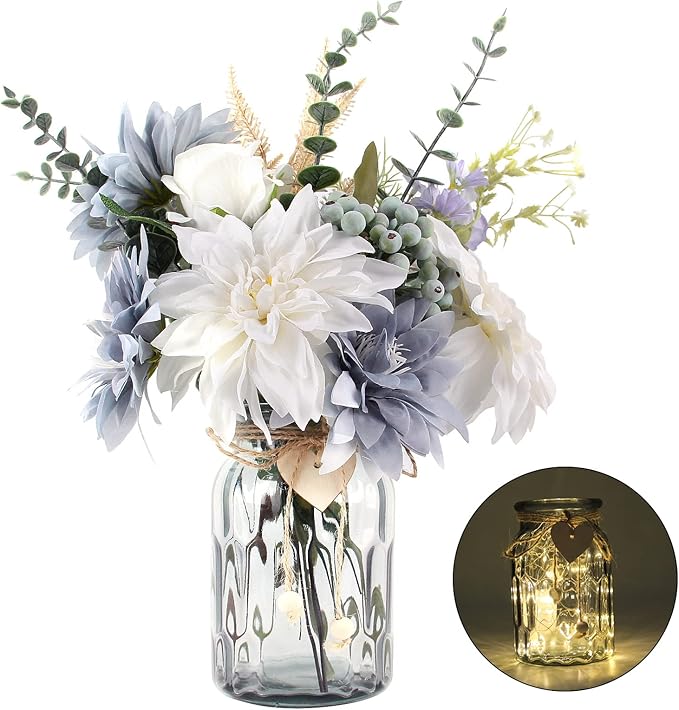 Fake Flowers with Vase, Silk Dusty Blue Rose Hydrangea Artificial Flowers in Vase Faux Dahlia Flowers Arrangement for Home Kitchen Living Room Summer Spring Decor Office Centerpiece Table Decorations