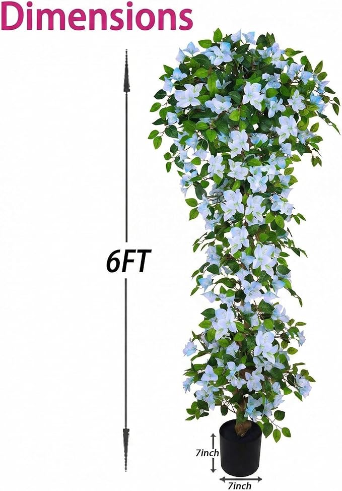 Artificial Bougainvillea Tree -6FT Faux Bougainvillea Tree with Realistic Flowers, Tall Fake Flower Tree for Indoor or Outdoor Decor, Silk Floral Plant for Living Room, Porch, Garden (Blue/White)