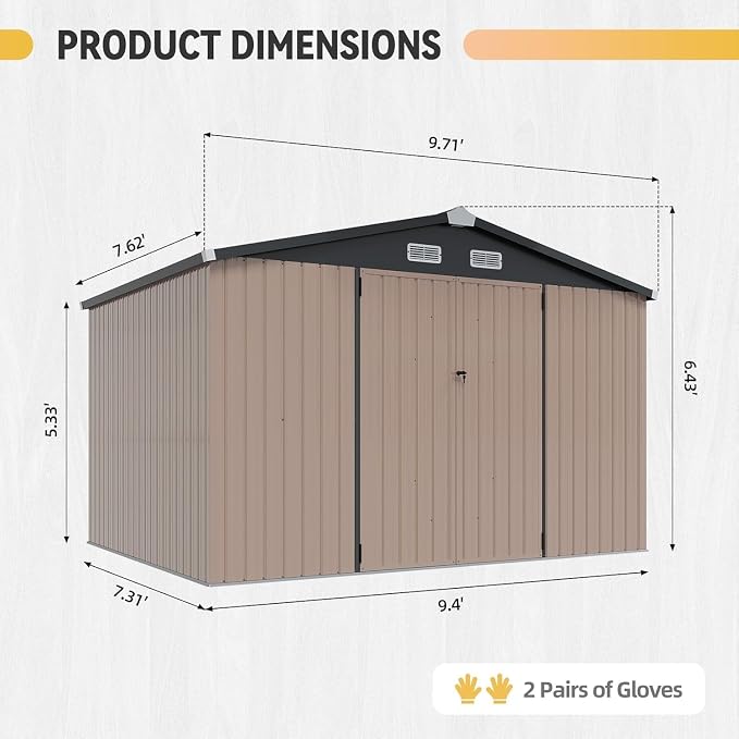 Aoxun 10x8 FT Shed with Floor Heavy-Duty Galvanized Steel Outdoor Storage Shed with Double Doors, Ventilated Weatherproof Design for Bike/Generator/Tool Organization (Brown with Floor)