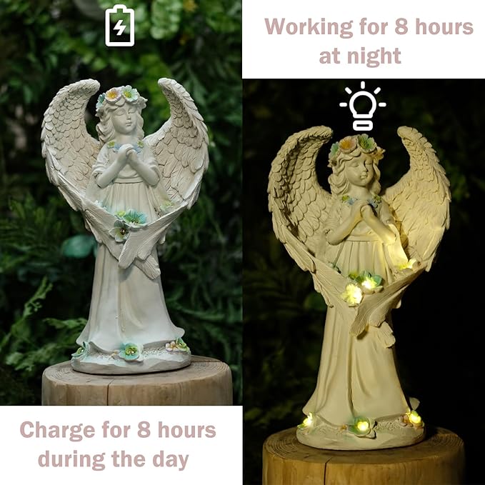 Solar Garden Statues Outdoor Decor Resin Lights Garden Angel Statues for Outside Lawn Yard Patio Balcony Art Sculptures Gifts for Mom Women