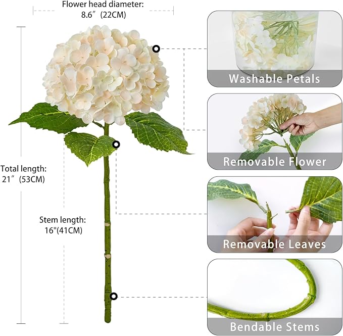 ZYTUYO 3PCS Cream Champagne Hydrangeas Artificial Flower 21" Real Touch Faux Latex Fake Hydrangeas Silk Bouquet for Home Kitchen Living Room Spring Table Office Wedding Party Arrangement