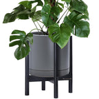 D'vine Dev Ceramic Planter with Ebony Stand - 12 Inch Modern Round Flower Pot with Wood Planter Holder, Grey, 55-B-H-3