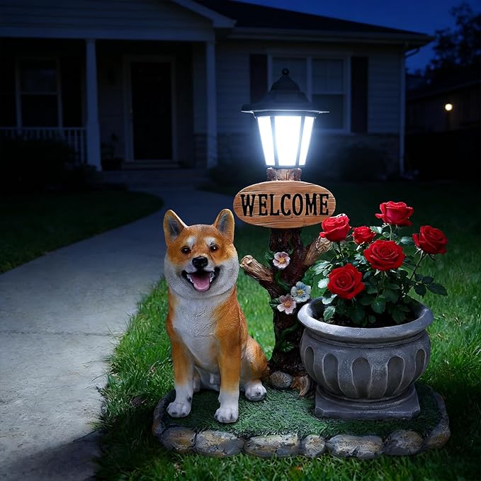 Animal Outdoor Statue Planter Solar Light Welcome Garden Sculpture Resin Flower Pot Decorative Porch Patio Yard Lawn Entryway Figurine with LED Lamp Rustic Plant Holder Ornament Courtyard (K)