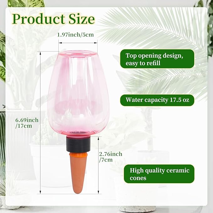 6pcs Plant Self Watering Globes, Plastic Water Bulbs Top Fill, 12.3 oz Plant Watering Devices System Slow Release Terracotta, Water Spikes Stakes for Indoor (Pink-6pack)