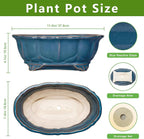 Bonsai Tree Pot - 11 Inch Ceramic Succulent Pots, Bonsai Planter for Indoor Outdoor, Decorative Plant Pot with Drainage Hole, Oval Flower Pot, Home Garden Decor, Garden Gifts, Retro Blue