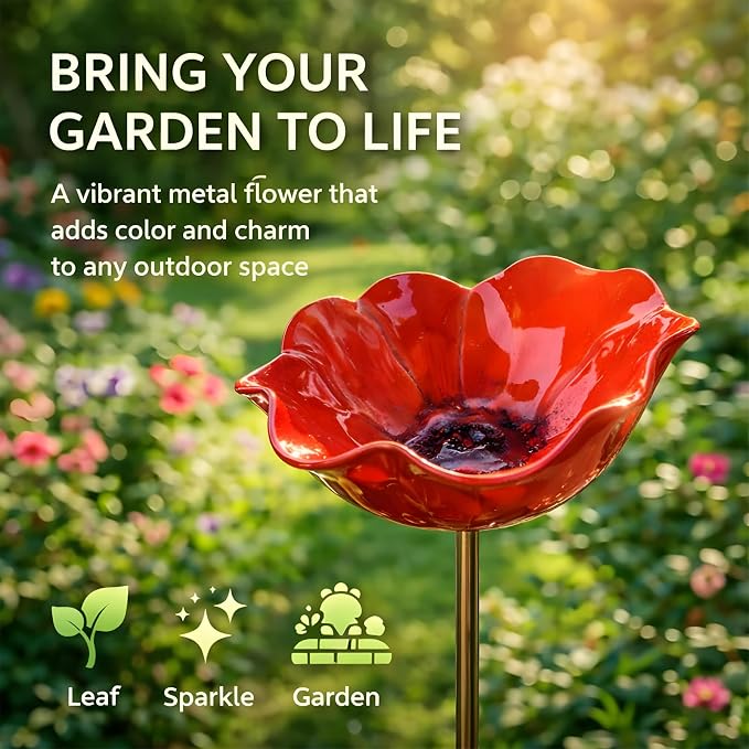 Handmade Metal Flower Garden Stake Bird Bath, Hummingbird Feeder, Bee & Butterfly Puddler, Mini Pollinator Watering Station for Garden Patio Lawn Yard Decor, Blue, 1PCS