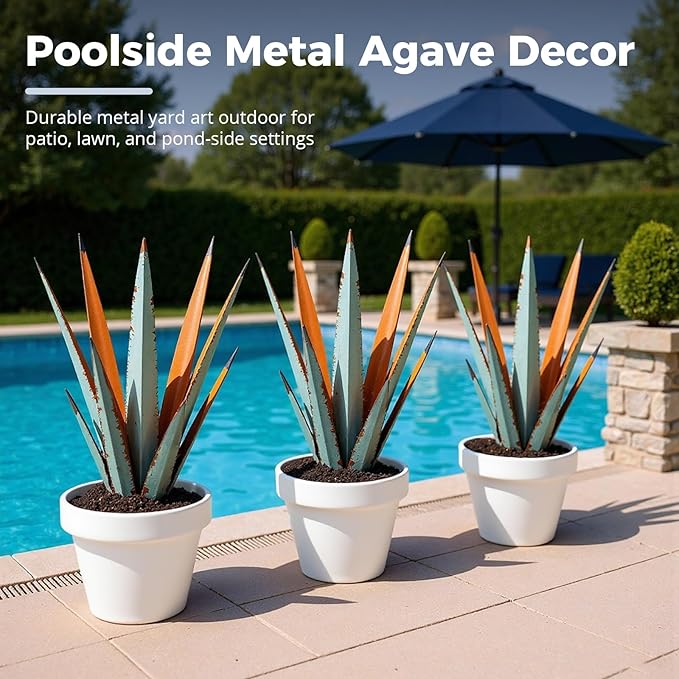 24” Large Metal Agave Plants Outdoor Decor, Vintage Blue Tequila Rustic Sculpture Outdoor Statues, Agave Metal Plants for Yard Garden Lawn Ornaments，Artisan Metal Agave Landscape Decor