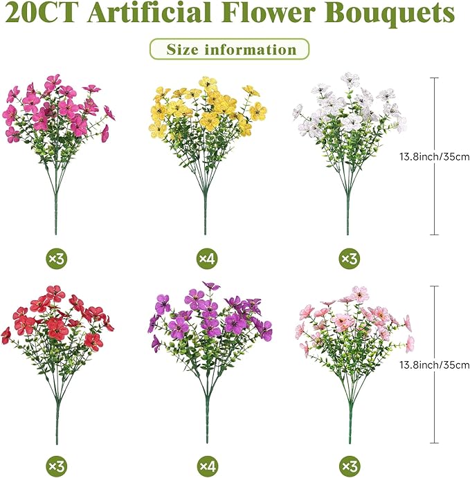 Alupssuc 20 Bundles Artificial Flowers for Outdoor Indoor Decoration, UV Resistant No Fade Fake Plants Eucalyptus, Colorful Faux Spring Flowers for Outside Yard Porch Patio Garden Home Window Box