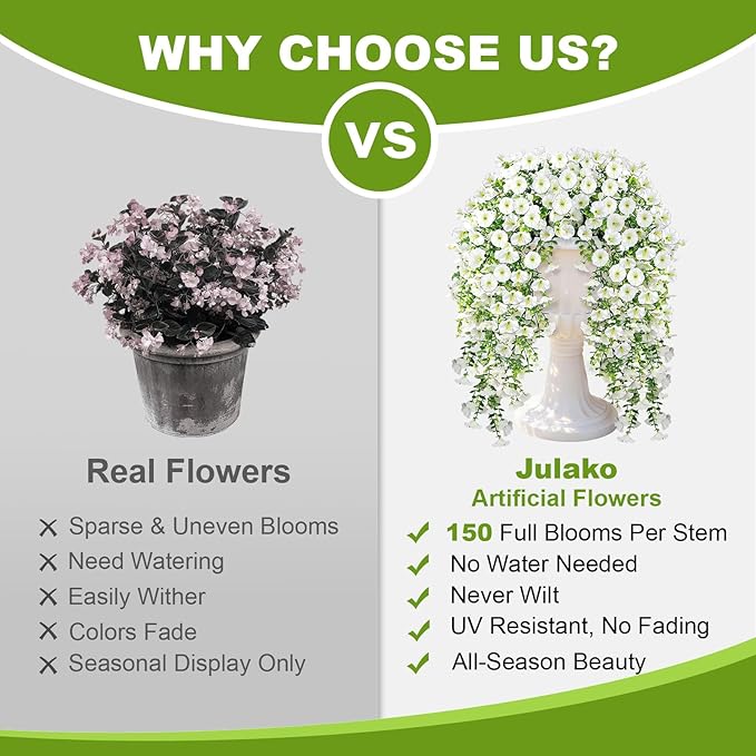 Artificial Hanging Flowers for Outdoors, 4 PCS 600 Blooms UV Resistant Morning Glory Faux Silk Vines, No-Odor Realistic Fake Plants for Garden Planter Porch Patio Decoration, White