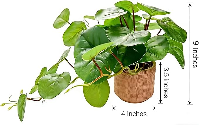 9'' Artificial Hanging Plant with Round Leaves Trailing Faux Greenery in Tan Diamond Planter with Foot Pads Small Indoor Fake Plant for Shelf, Bathroom, or Office Wall Decor