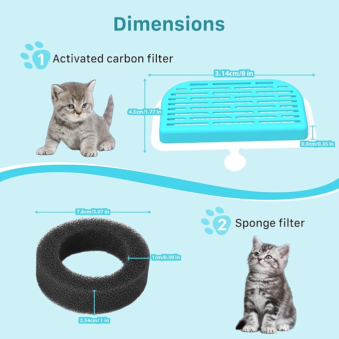 GIOTOHUN Cat Water Fountain Filter: 12 Cat Fountain Filter Replacement - 6 Pieces Filters + 6 Pieces Sponges for Pet Dispenser H1 (67oz/2L)