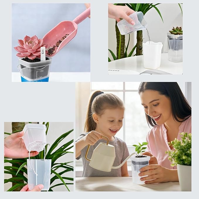 12 Pack 2.5"/2" Mini Clear Self Watering Pots for Indoor Plants with 2 pcs Transplanting Tool, Small Plastic Propagation Pots for Plants, Water Level Indicator,Drainage Hole,12 Plant Labels
