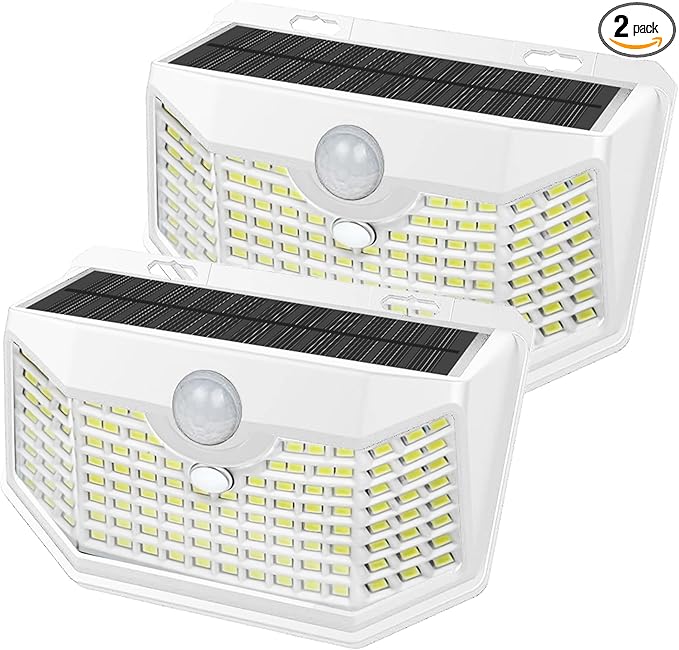 HMCITY 120 LED Solar Lights Outdoor with Motion Sensor and 3 Lighting Modes, IP65 Waterproof Wide Solar Wall Lights Ideal for Garden Patio Yard (Front Button 2Packs, White Shell-Daylight White)