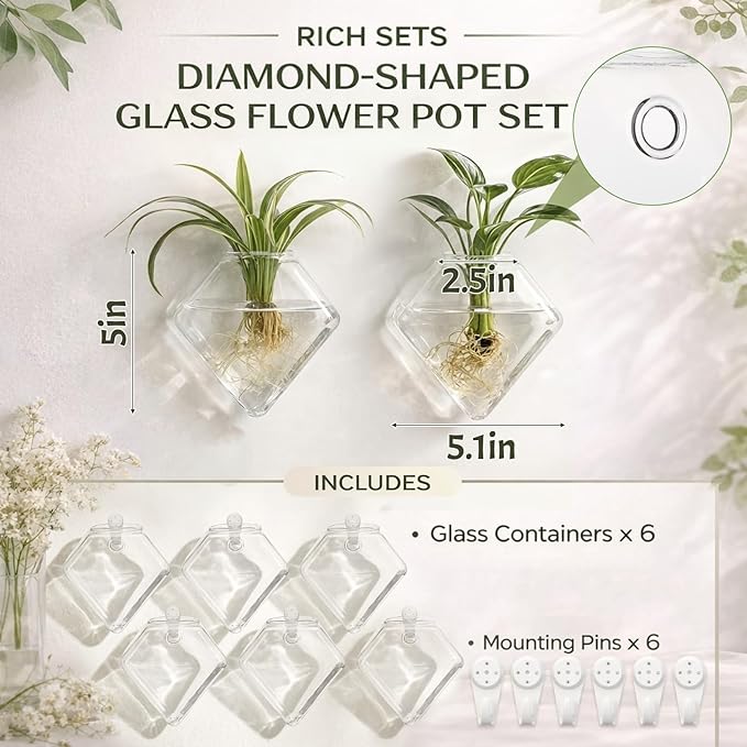 Yungyan 6 Pack Glass Wall Vase Plant Propagation Wall Hanging with Nail Hooks Diamond Propagation Station Flower Vase Glass Terrariums Plant Hanger for Home Office Bathroom Living Room Decor