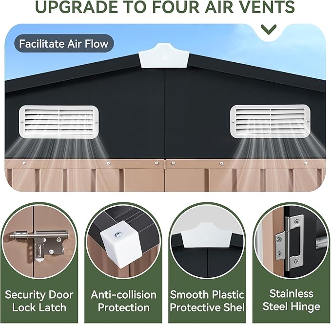 Aoxun 10x12 FT Galvanized Steel Outdoor Storage Shed with Base, Lockable Door & Sloped Roof, Metal Storage Shed Waterproof Tool Storage House for Garden, Backyard, Patio, Poolside (Brown)