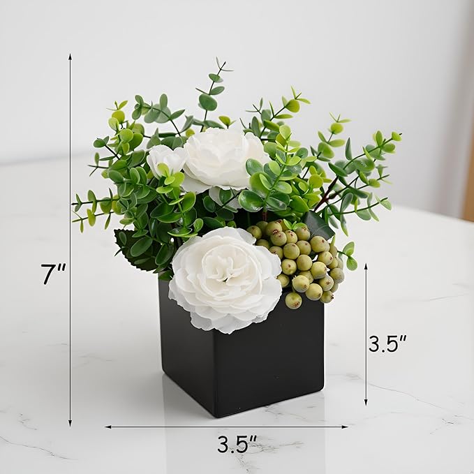LADADA Artificial White Peony Flowers with Eucalyptus and Green Berries in Black Square Vase - Fake Floral Arrangement for Home Decor, Table Centerpiece, Bathroom, Office, Wedding, Minimalist Decor