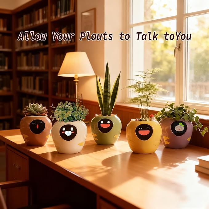 Smart Plant Pot with Expression, AI Intelligent Flower Pot for Indoor Decoration, Smart Garden Pot with Water/Light/Temperature Sensors, Ivy AI Planter (White（Big）)