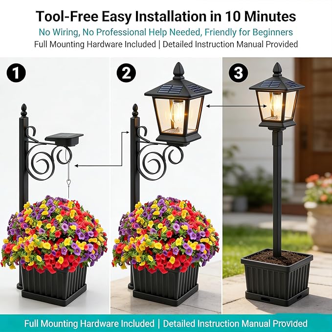 2-in-1 Solar Lamp Post Light with Planter, IP65 Waterproof Auto On Off with Artificial Flowers, Wall Mount Freestanding for Porch Planters with Flowers, Garden Patio Yard