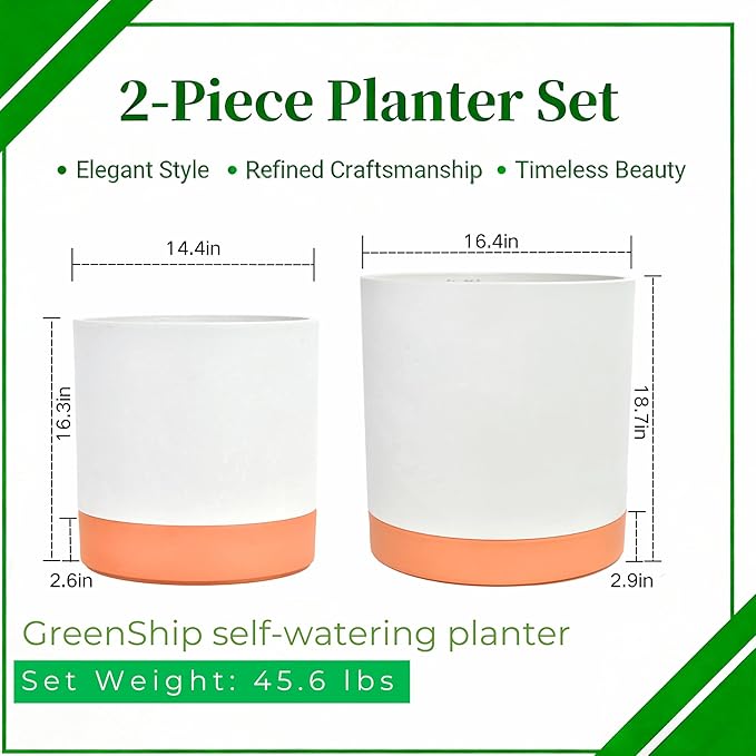 GreenShip 2pcs Plant pots, self Watering pots for Indoor Plants (White+Terracotta, 15.7in+13.7in)