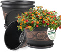 Usocik 4 Pack 16 inch Plant Pots, Retro Pattern Planters with Drainage Holes and Saucer, Sturdy Plastic Garden Flower Pots for Indoor & Outdoor Plants