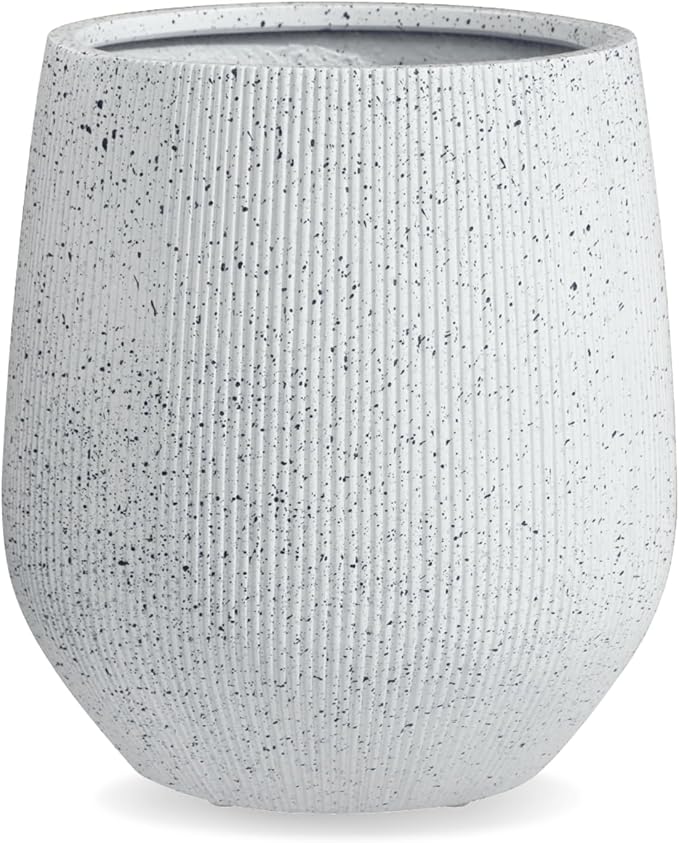 12.5" H x 11.5" D Premium Ribbed Corso Fiberstone Round Tapered Planter with Drainage Hole, Weather Resistant, Included 2 Extra Coco Mats (Ribbed Speckled White, 9" Pot Opening)