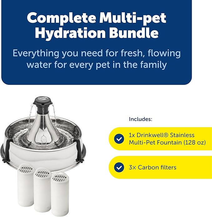 PetSafe Stainless Multi-Pet Fountain with Carbon Filters Great for Multiple Pet Households Customizable Stream Options Scratch and Rust Resistant 128 Oz Water Capacity Fresh, Filtered Water