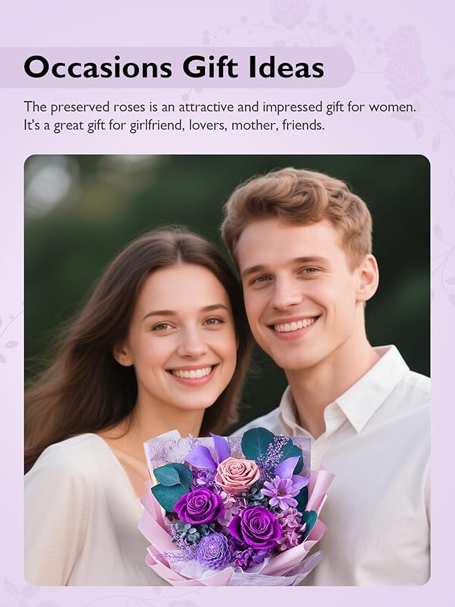 Eterfield Flowers for Delivery Prime, Mother's Day Forever Flowers Bouquet, Preserved Roses and Purple Flowers Birthday Gifts for Her Women Wife Mom Grandma Anniversary Valentines Day Christmas