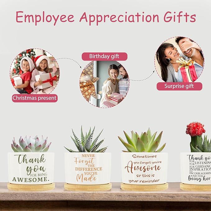 Tarklanda 6 Pcs Succulent Pots Thank You Gift Mini Ceramic Succulent Planters Pots with Bamboo Tray Succulent Pots Planters for Teacher Coworker Employee Nurse Friends Appreciation