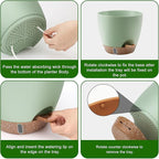 QRRICA Plant Pots 8/7/6.5/6/5.5/5 Inch Self Watering Pots, with Drainage Holes and Saucers,Water Level Indicator & Deep Reservoir,Large Plastic Planter for Indoor Out Door Plants (Green)