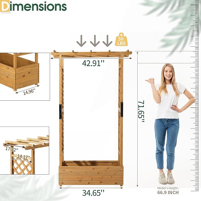 Outvita 72" Raised Garden Bed with Trellis, Wood Planter Box with Hanging Roof, Side Trellis and Drainage Holes, Above Ground Elevated Garden Bed for Outdoor Climbing Plants Vegetables(Teak Color)