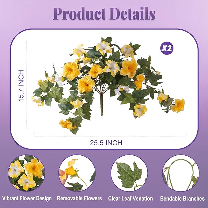 Ammyoo Artificial Fake Petunia Flowers for Outdoor Decoration, 2PCS Faux Silk Petunias Flower for Spring UV Resistant No Fade Realistic Plants for Garden Balcony Yard Porch Indoor Decor(Yellow White)
